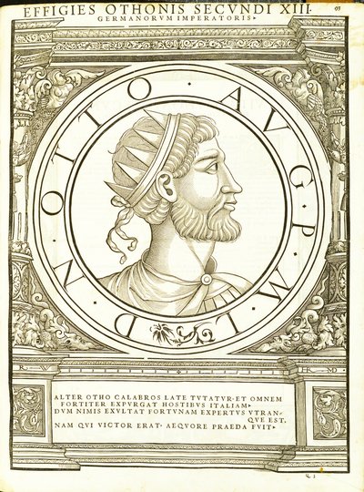 Otho II, Illustration aus Imperatorum romanorum omnium orientalium et occidentalium verissimae imagines ex antiquis numismatis, Holzschnitt von Rudolph Wyssenbach, gedruckt von Andreas Gesner, Zürich, 155 von Hans Rudolf Manuel Deutsch